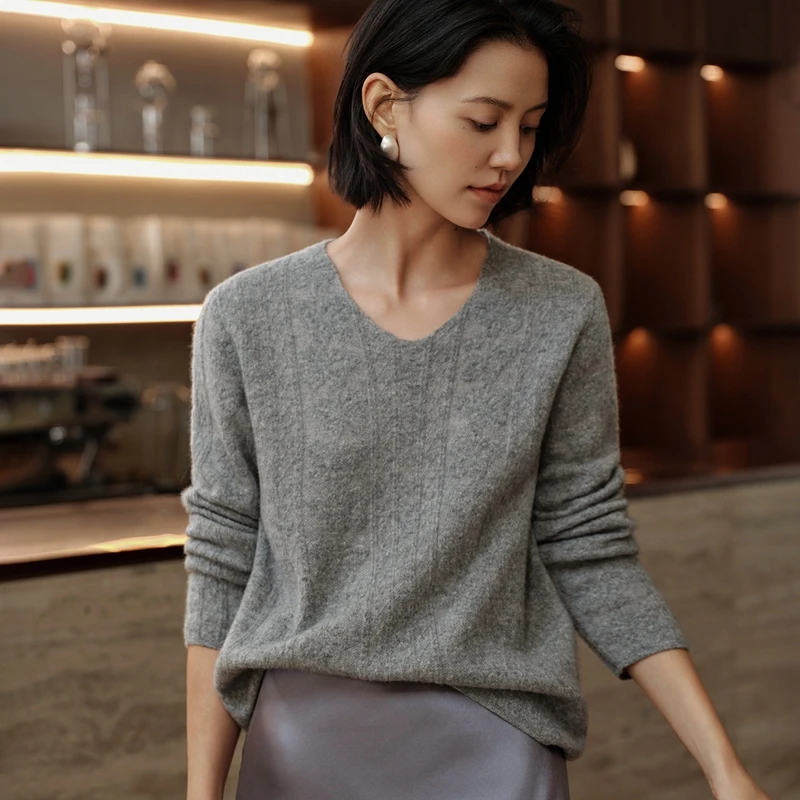 

Women's 100% Cashmere V-neck Loose Pullover Sweater Autumn Winter Cashmere Knit Casual Soft Warm Basic Clothing Luxury Top