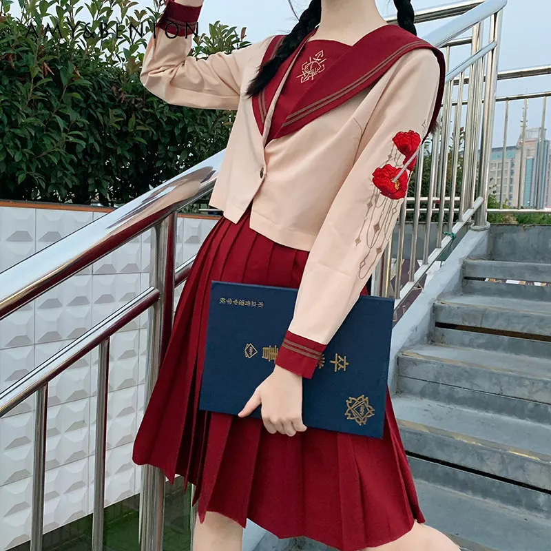 

Комплект школьной формы JK 2026: Новая блузка с цветочной вышивкой и длинным рукавом, красная плиссированная юбка с высокой талией, милый наряд для девочек-подростков