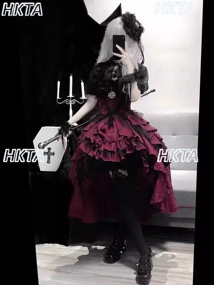 Dark Goth Subculture Y2k Lolita Bubble Short Sleeved Shirt Top Girls Lace Jacquard Ruffle Skirt Halloween Black Skirt Set Women