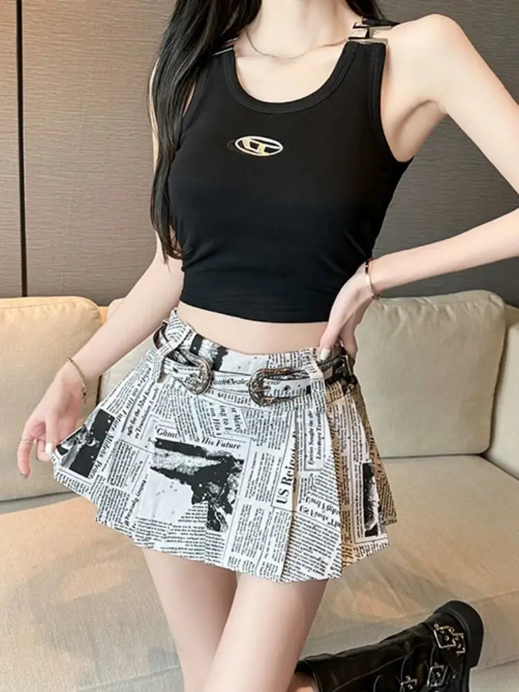 Pleated Skirts Newspaper American Printed 2024 Autumn New Low Waisted A-Line Skirt Y2k Women Grunge Faldas Mujer Mini Skirt