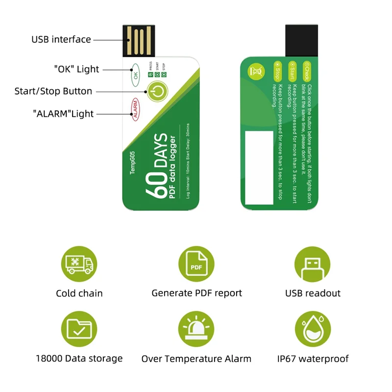 A003 60-дневный USB-регистратор данных о температуре-30 ℃ -+60 ℃   Отчет с приложением IP67 Одноразовый высокоточный рекордер с предупреждением