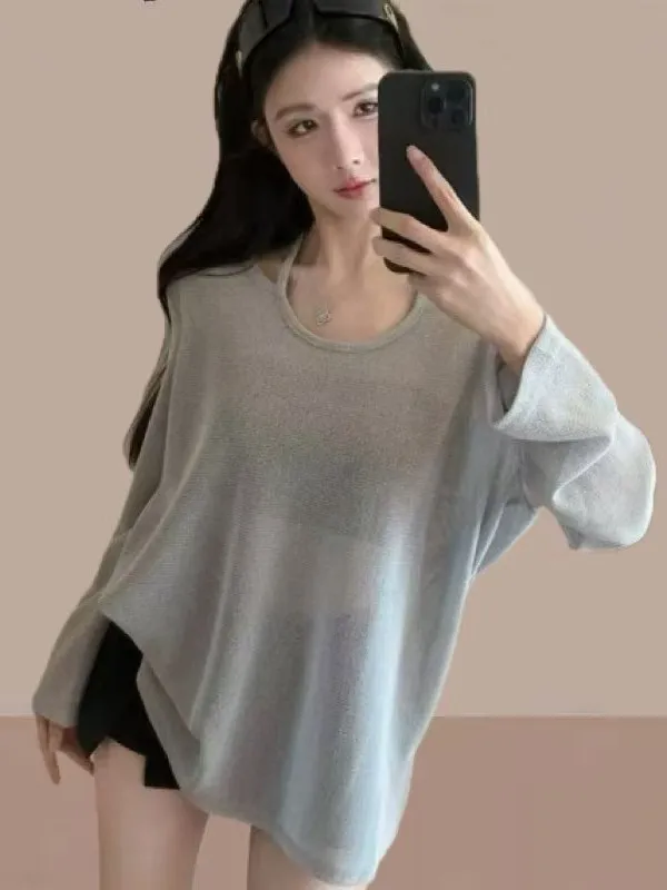 Trendy oulder-baring Lazy Sle Women's Long Sve Sun Protection irt Loose Fit Commute Sle round Ne Regular Length