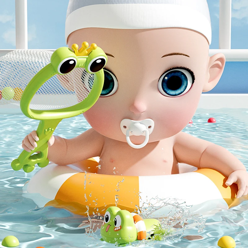 Bath toys, frog shaped bath toy set, 7-piece set of frog swimming, water gun, massage brush, shower bucket, soap, net fishing, b