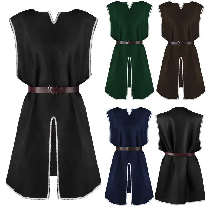 رداء فضفاض بقلنسوة من القرون الوسطى للرجال أزياء الهالوين ملابس خارجية مستديرة Ne الخصر ملابس رجالية عرقية تقليدية #1