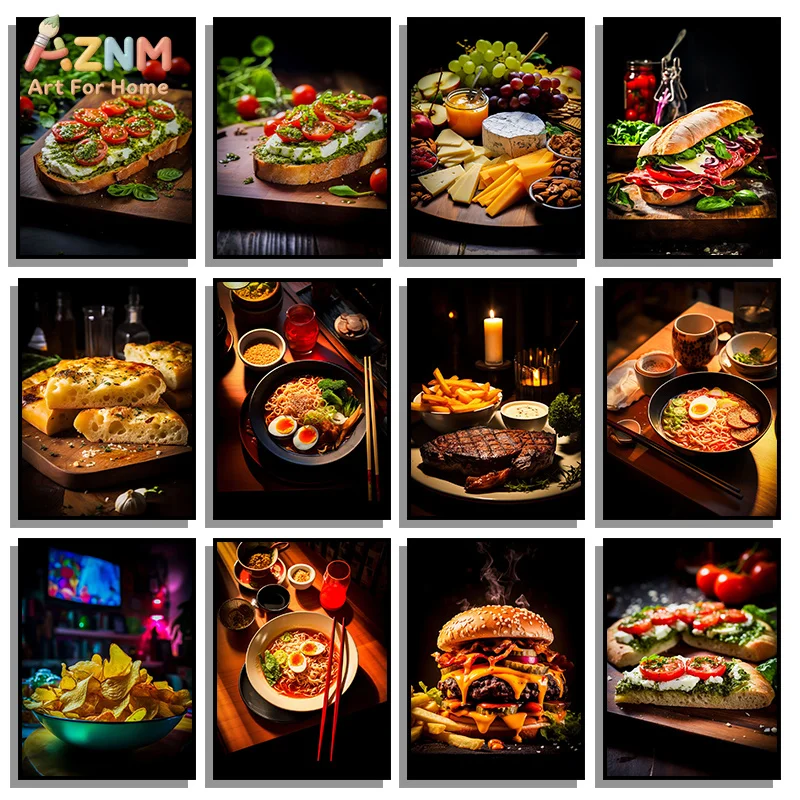 Póster de Lienzo de Comida Gourmet AZNM, Arte de Pared sin Marco, Impresión de Bistec, Ramen, Hamburguesa, Tostada, Plato de Queso, Bocadillos, para Restaurante, Cocina