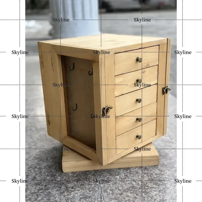 for Retro Solid Wood Four Sided Rotating Jewelry Box Creative Antique Treasure Chest Craft Storage Cabinet