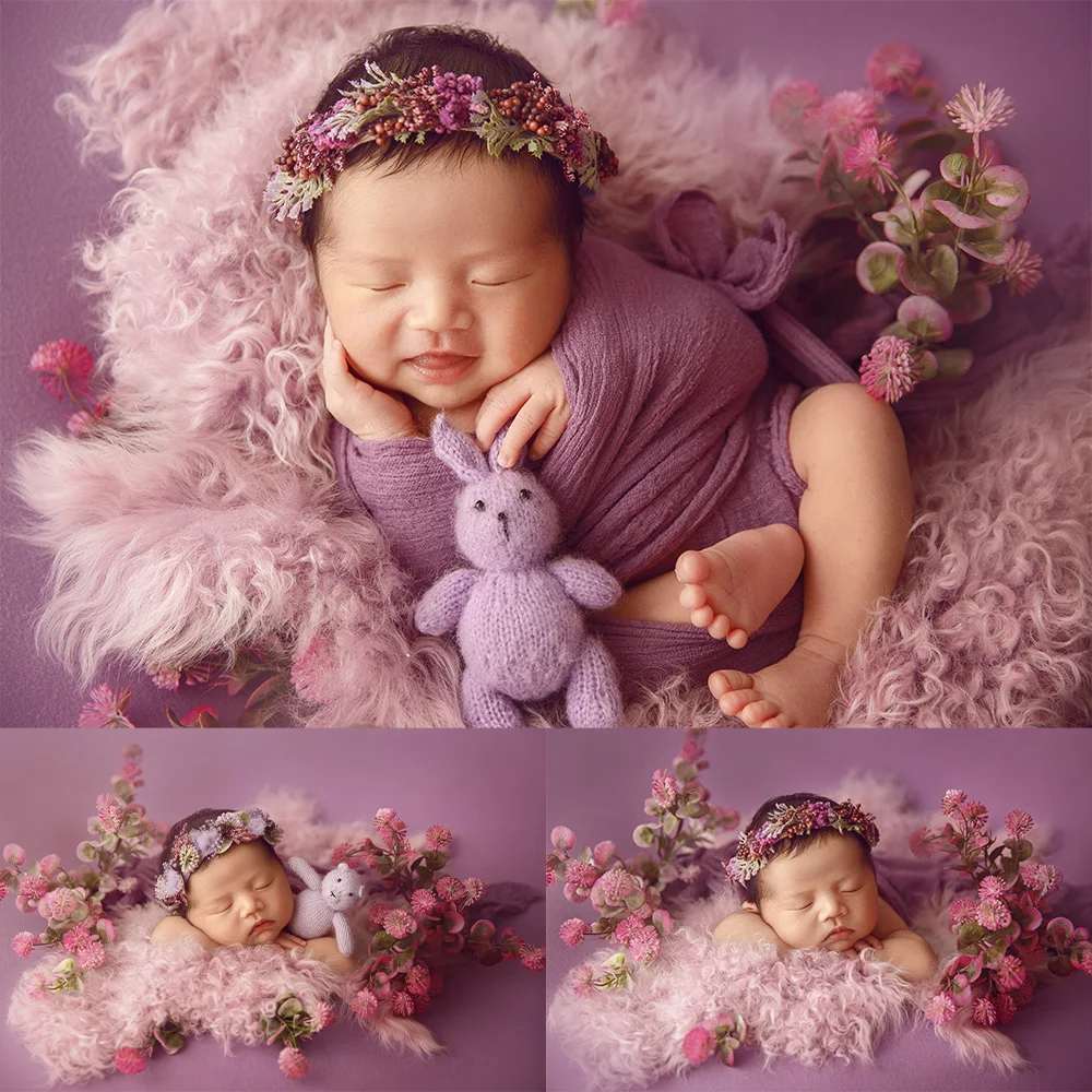 Newborn Photography Props Seersucker Wrapping Bear Doll Wool Mat Everlasting Flower Headflower Baby Purple Theme Photo Accessory