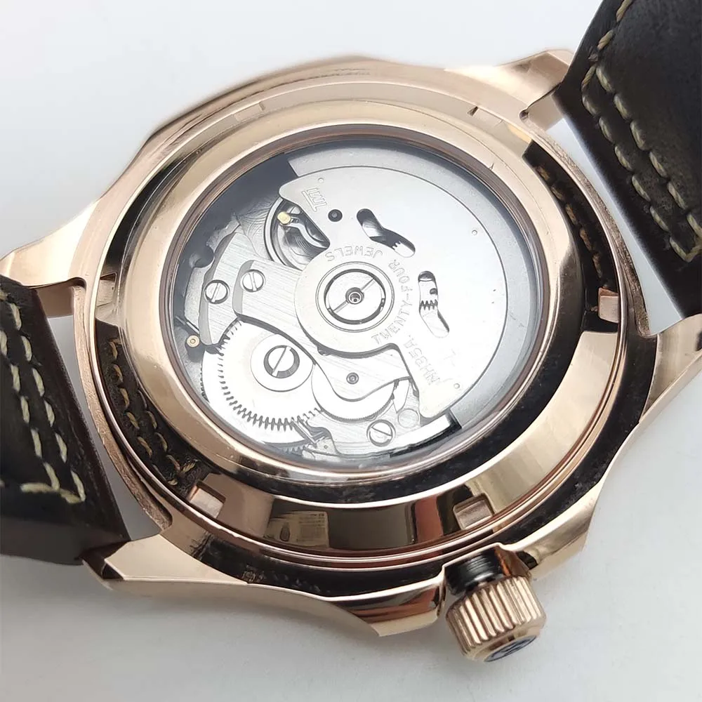Orologio meccanico automatico da uomo di lusso in oro rosa 40 mm NH35 con cinturino in pelle impermeabile in vetro zaffiro