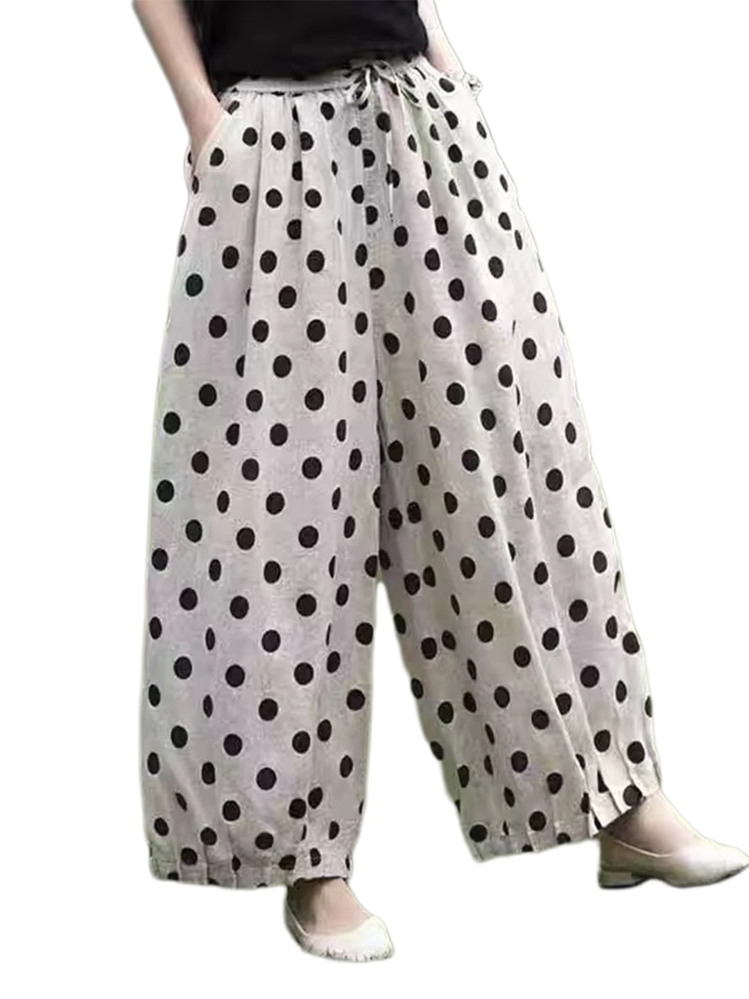 Japanse Sle Polka Dot Print Linnen Wijde Pijpen Broek Vrouwen Zomer Losse Luie Hoge Taille Afslanken Casual Negen Punt Katoen Lijn...