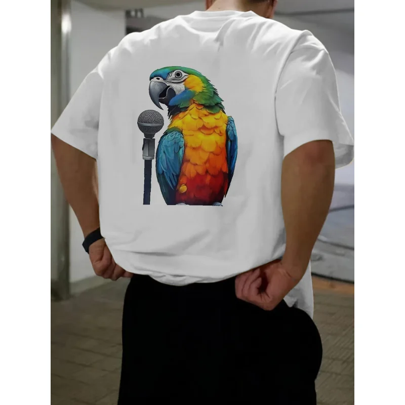 

Mens T-Shirt White Parrot With Microphone Printed Pattern High Quality Cotton 180g