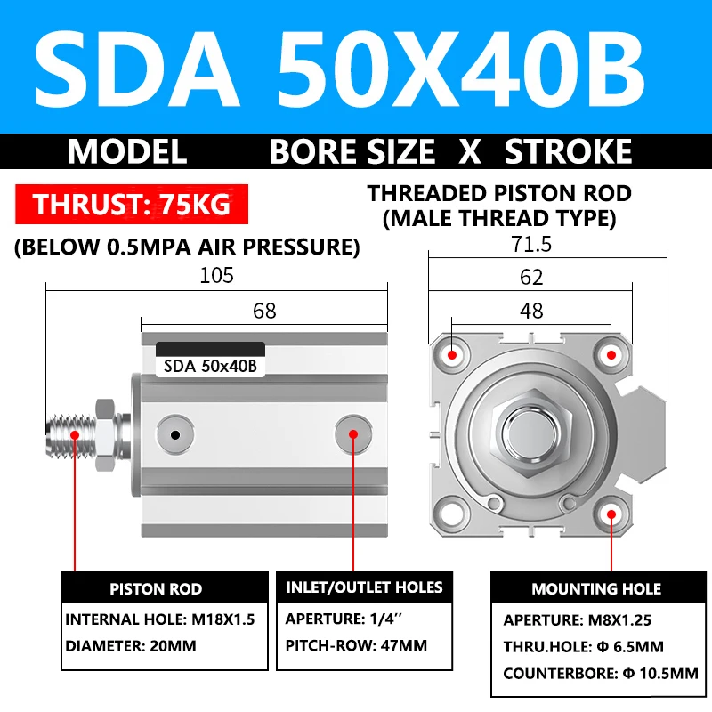 

ABILKEEN SDA50X40B Серия SDA Тонковоздушный цилиндр 50 мм с наружной резьбой Диаметр цилиндра X 40 мм Ход Пневматический компактный цилиндр двойного действия