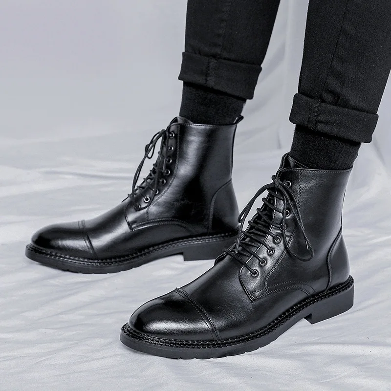 England style mens leisure high boots soft leather shoes autumn winter cowboy motorcycle boot lace-up long botas hombre zapatos