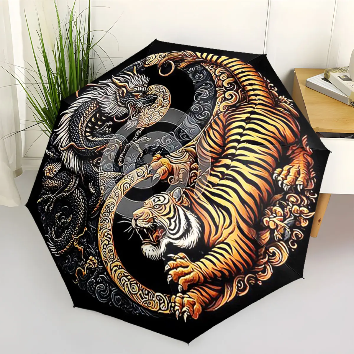 Dragon and Tiger Yin Yang Design Black Umbrella portable waterproof sun rain umbrella for outdoor travel beach