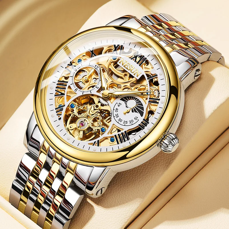 NESUN Luxury Automatic Men's Mechanical Watch Dual Skeleton Moon Phase Luminous Multi-function Clock N9097-S Switzerland Brand