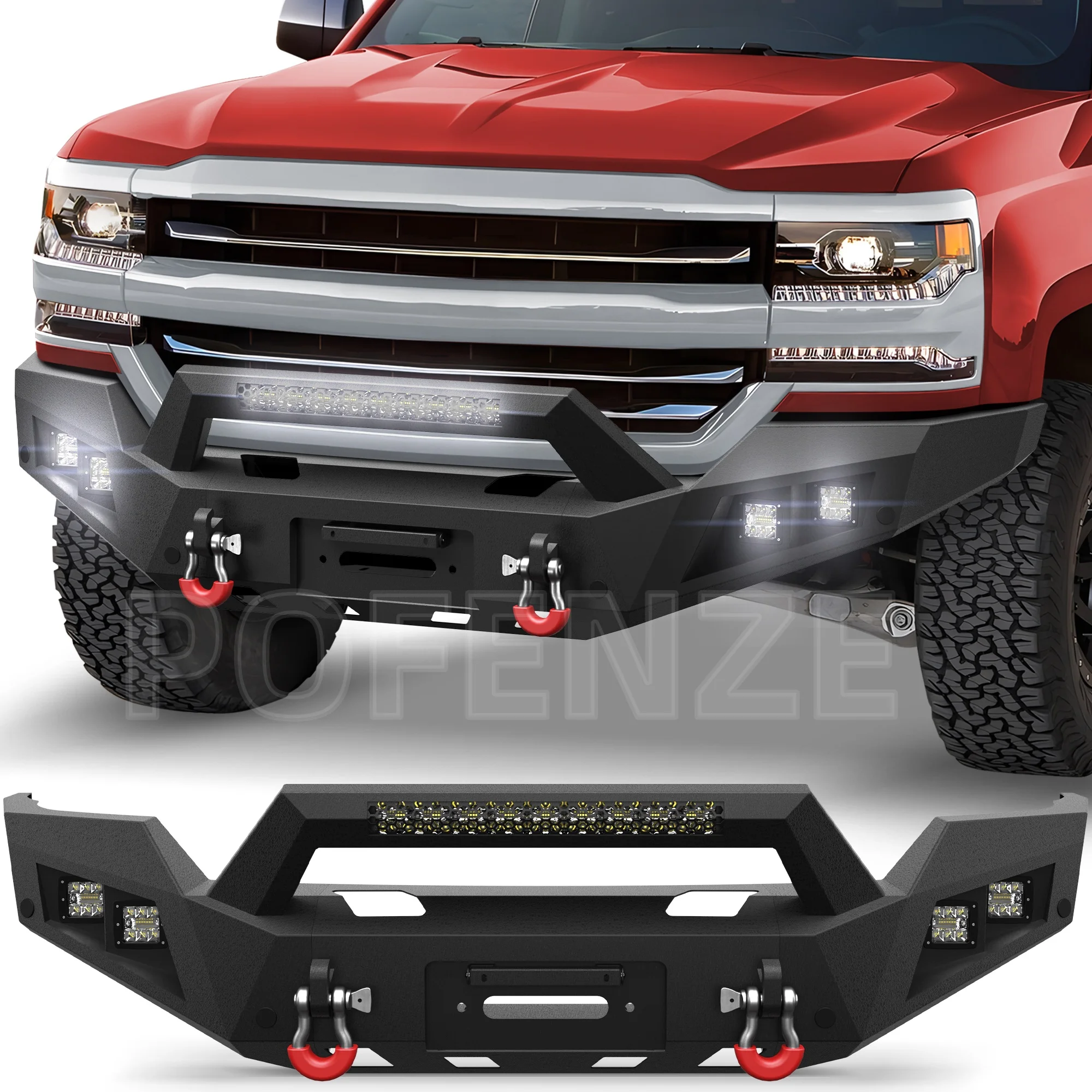 

Front Bumper Truck for Chevrolet Silverado 1500 (2016-2018), Textured Black, Includes D-rings, 144W Long Light Bar