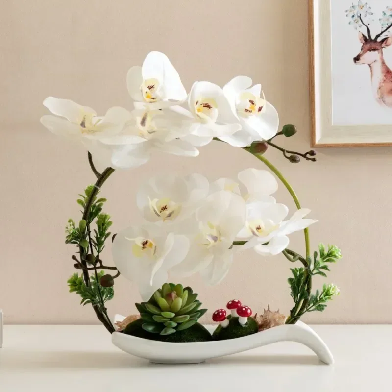 Butterfly Orchid PU Artificial Flowers Ceramic Vase Ornaments Home Livingroom Cabinet Simulation Phalaenopsis Decoration Crafts