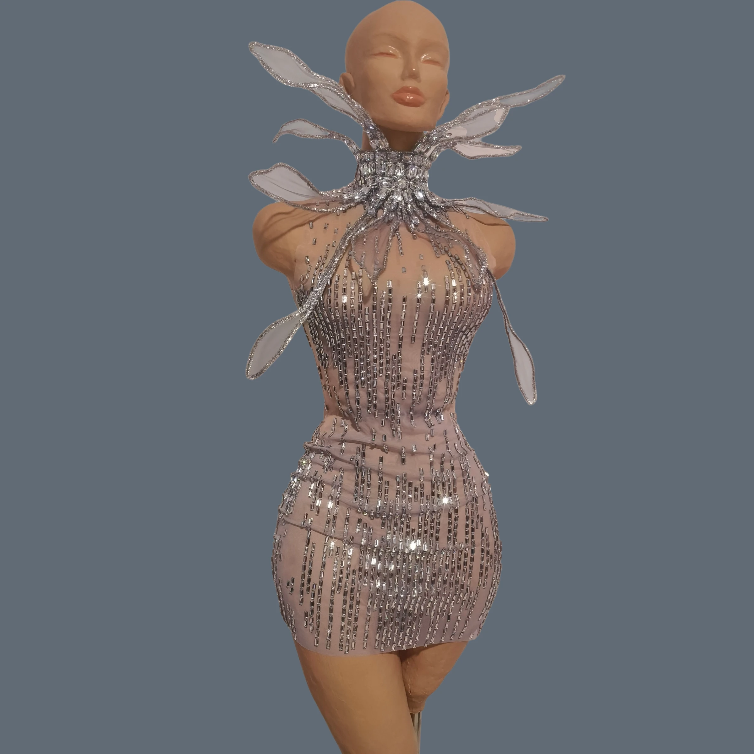 

Sparkly Silver Rhinestone Wing See Through Mesh Mini Dress Women Nightclub Party Prom Waar Bar Performance Bodycon Outfit Mengya