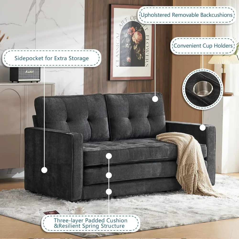 Verbessertes 64" B 84" L Futon-Schlafsofa in voller Größe, 6" dicke Polsterung Chenille Loveseat Sofa Sleeper Pull Out Couch