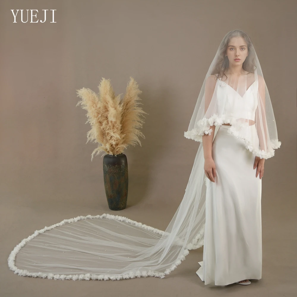 

YUEJI Elegant And Charming Long Church Wedding Veil 3d Mesh Flower Decoration Double Blush Pearl Veil V255