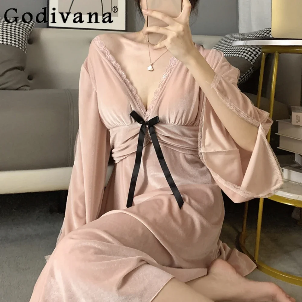 Women's Pajamas Lace Court Style Autumn/Winter Long Sleeve Girly Casual Sleepwear Nightgown Elegant Romantic