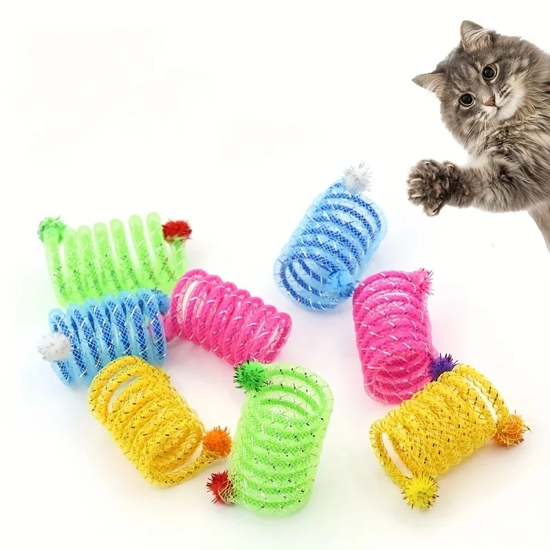 Ensemble de jouets pour chat à ressorts, 4 pièces, jouet interactif télescopique en plastique rayé et tube métallique, adapté aux chatons, aux petits animaux et aux petits chiens