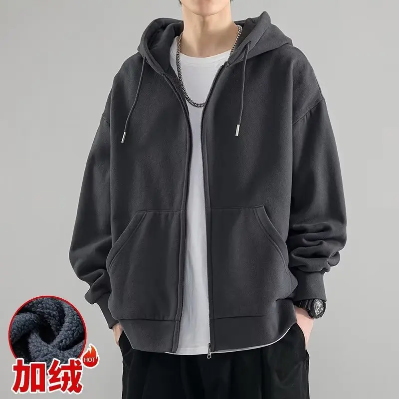 Male Clothes Hooded Sweatshirt for Men Solid Black Hoodies Full Zip Up Autumn Y2k Vintage New in Loose