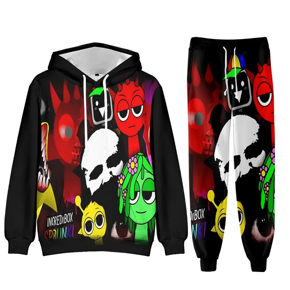 3D Sprunki Hoodie Incredibox Wenda Sweatshirt Funny Cartoon Game Figure Graphic Plush Clothes Pants 2-piece Set Costume For Kids