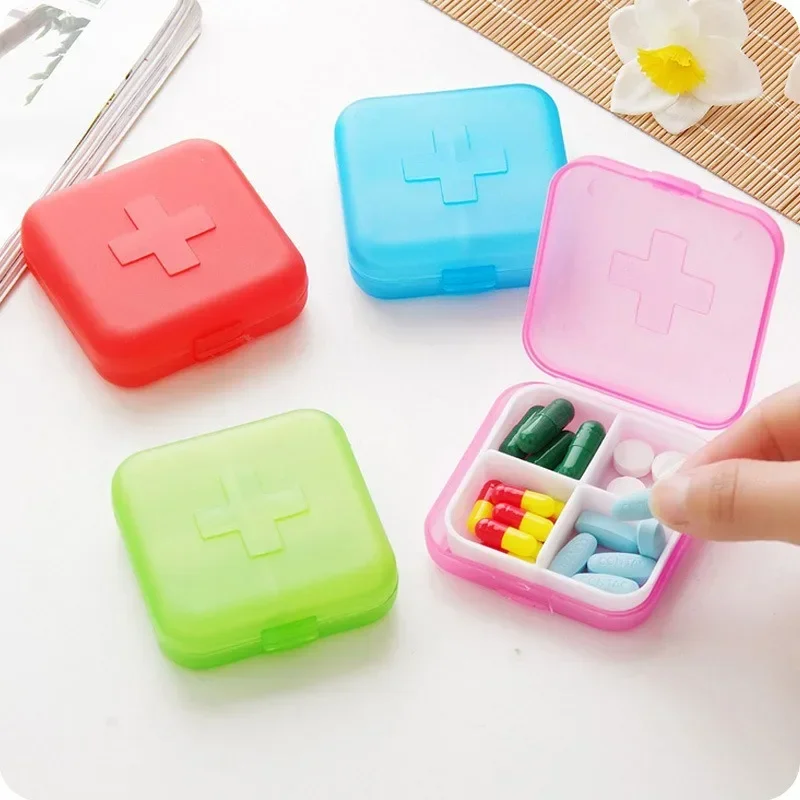 4Grids Cross Print Pill Box Portable Mini Plastic Pill Storage Pure Color Pocket Medicine Box Outdoor Home Pill Case