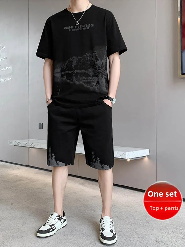 

Summer Casual Sports Ice Silk Short Sleeve T-Shirt Shorts Fitness Trend Two Piece Set for Teen Boys Quick Dry Breathable