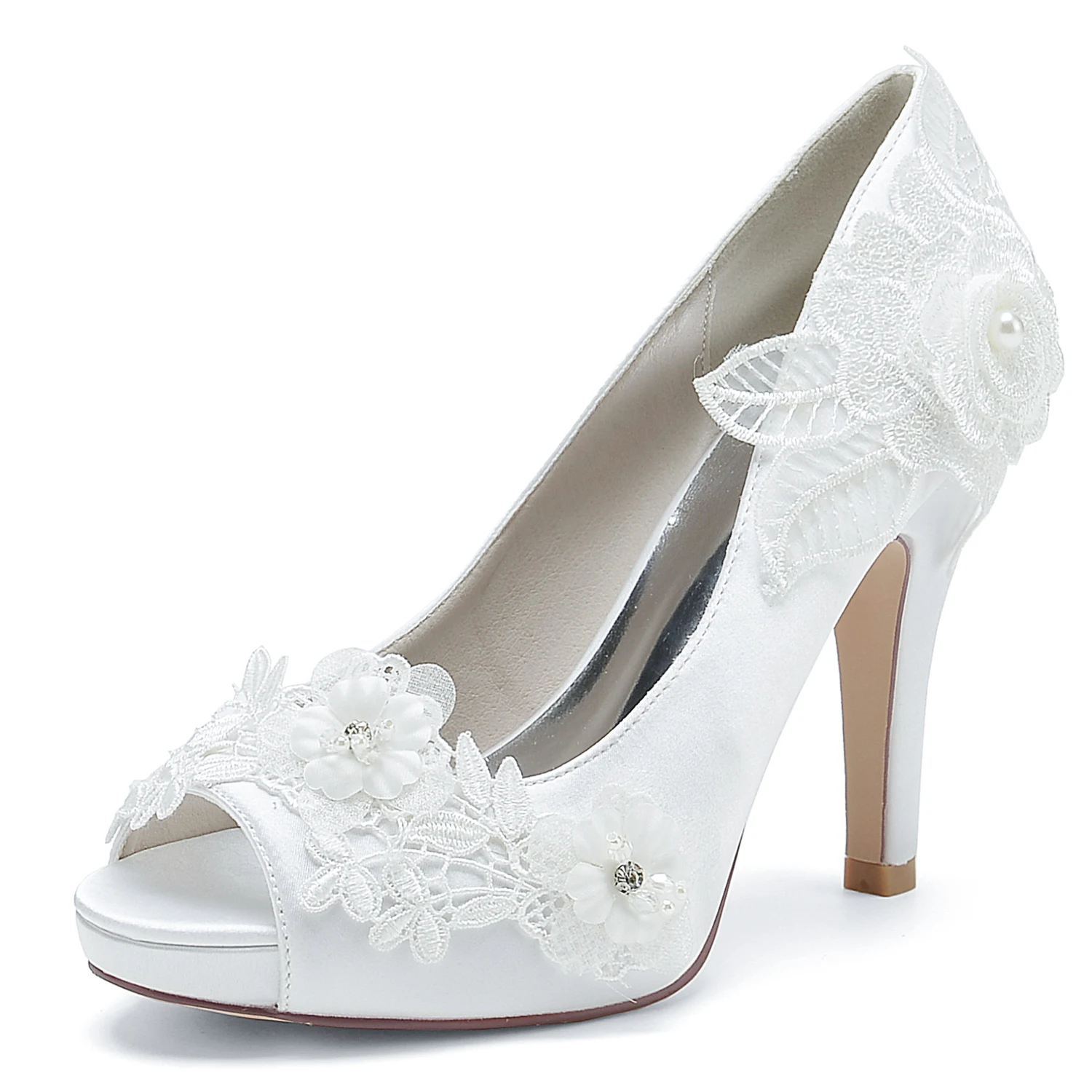 Platform Lady Satin High Heels Slip on Bridal Wedding shoes with Lace Flowers Open Toe Pumps Sweet Prom Graduation White Ivory