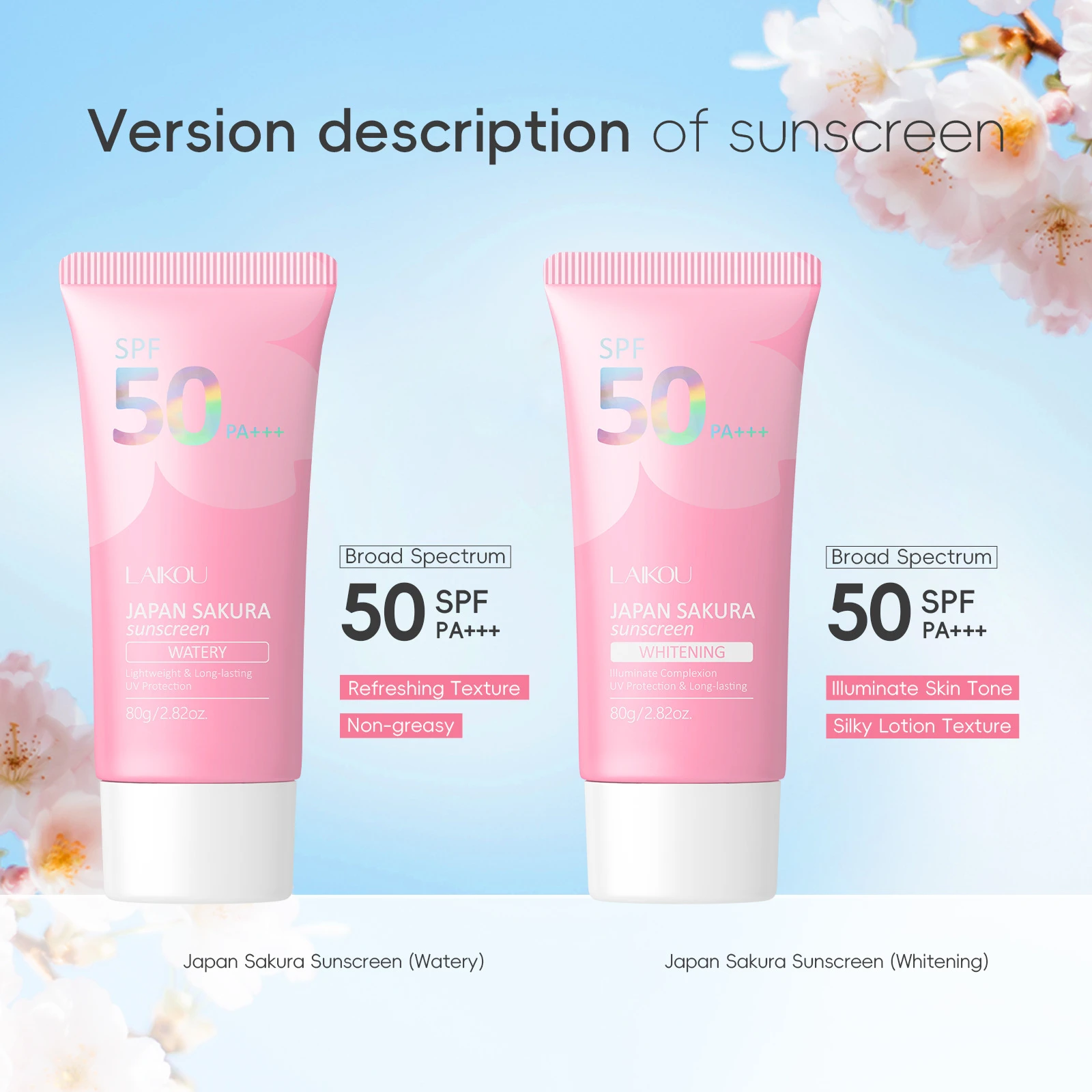 

LAIKOU Cherry Blossom Sunscreen, Lightweight Moisturizing Face Sun Cream for Daily Use, Non-Greasy Hydrating Sun Block 80g