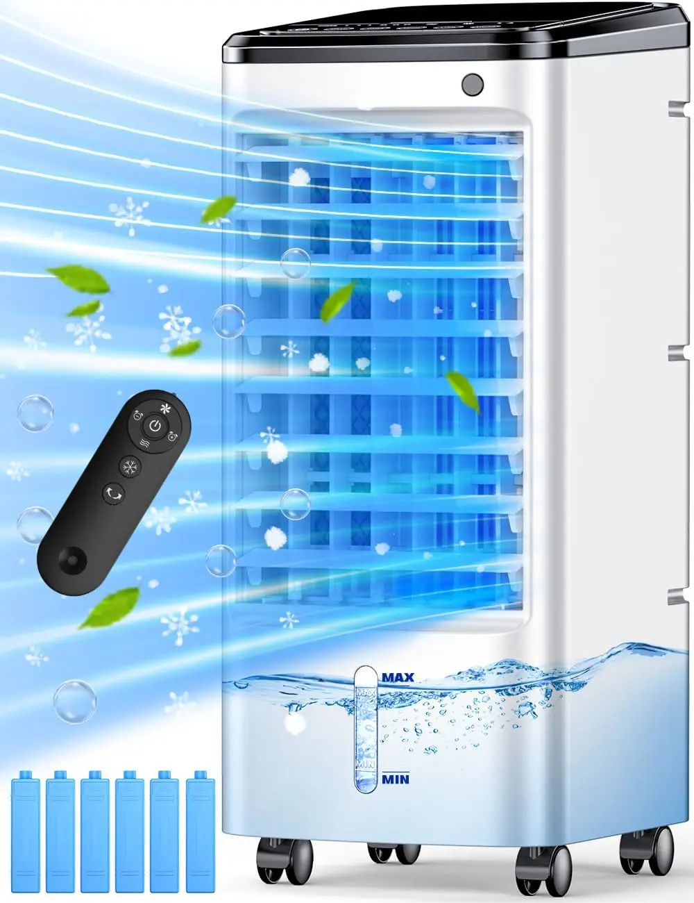 Air Cooler, Swamp Cooler Air Conditioner w/ 12H Timer for Auto-off, 6 Upgraded Ice Packs, 3-Speed Windowless Air Conditioner, Sm