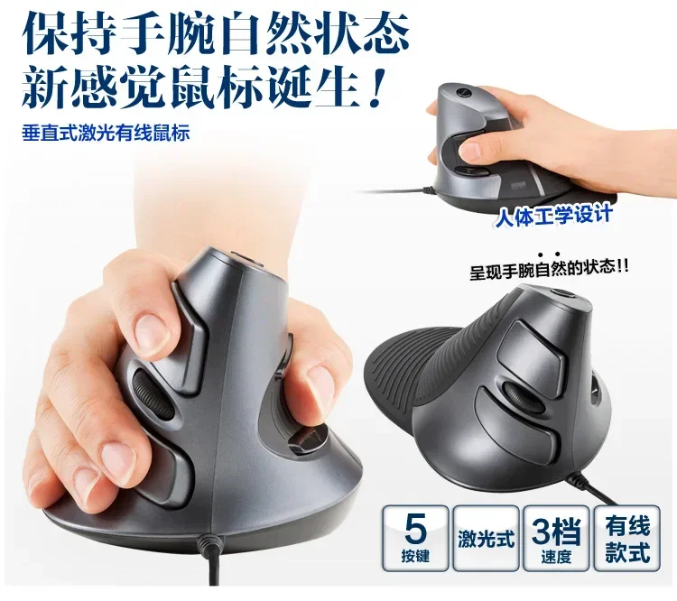 Japanese Ergonomic Vertical Laser Wired Mouse with Hand Holder 3-speed 5-key MA-ERG5