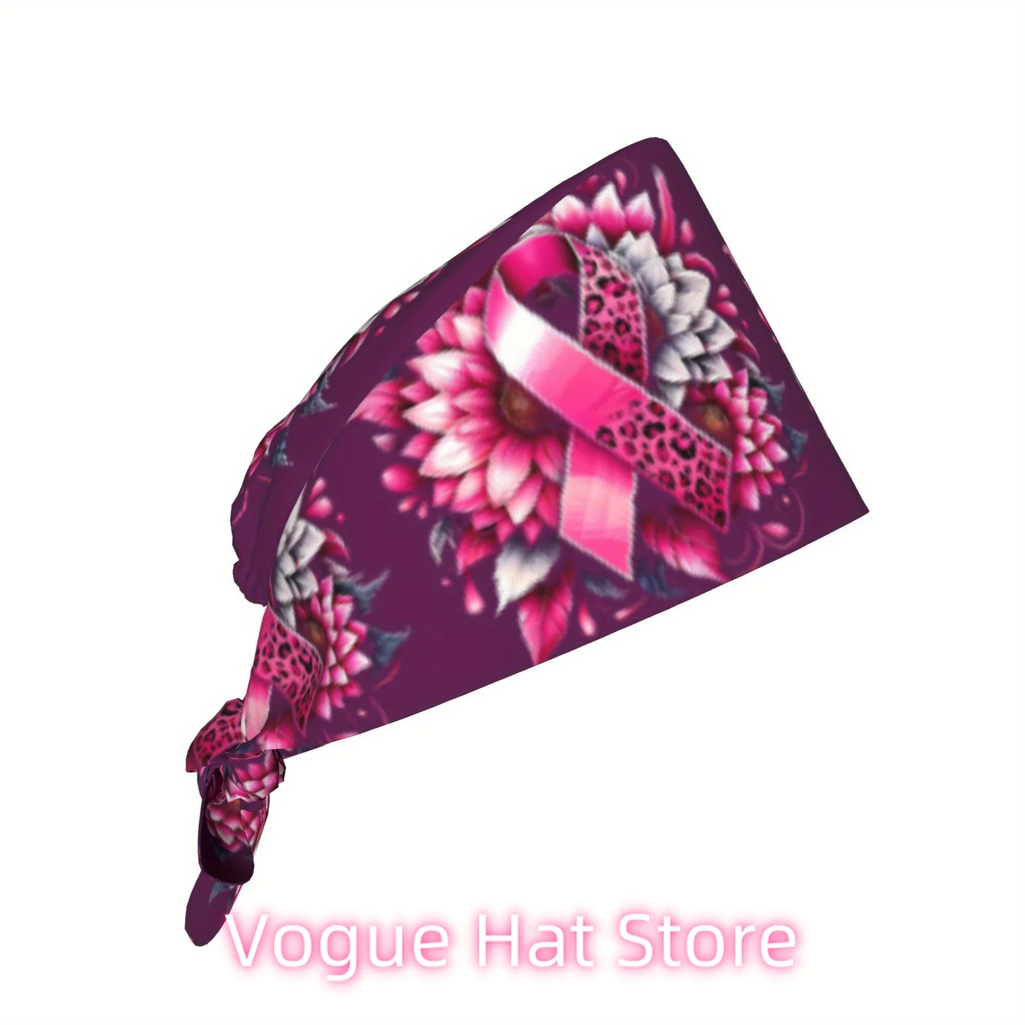 Women's Breast Cancer Awareness Work Cap - Pink Ribbon Design with White Daisies & Bow, Lightweight Medical Cap for Nurs