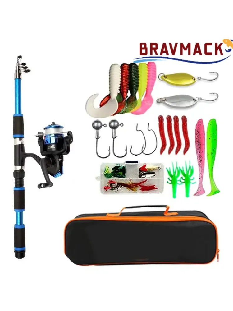 BRAVMACK Travel Telescopic Fishing Rod Full Kit Spinning Reel Baits Hooks Portable Outdoor Angling Pole Set