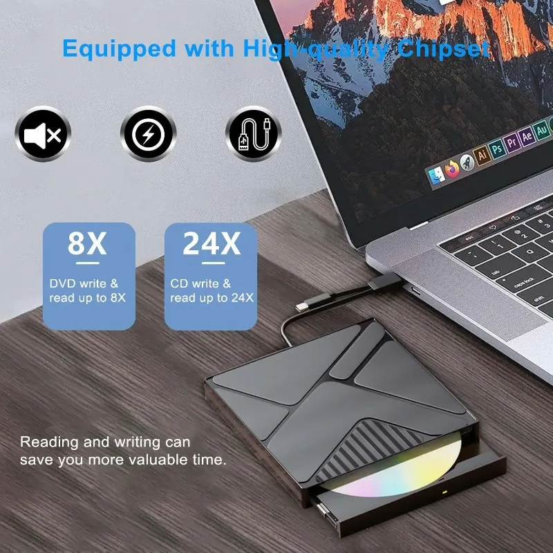 2-in-1 USB 3.0 Typ-C Externes DVD RW ROM CD-Laufwerk Optisches Laufwerk für Laptop Desktop-Computer Tragbarer DVD-Brenner – Detail 1