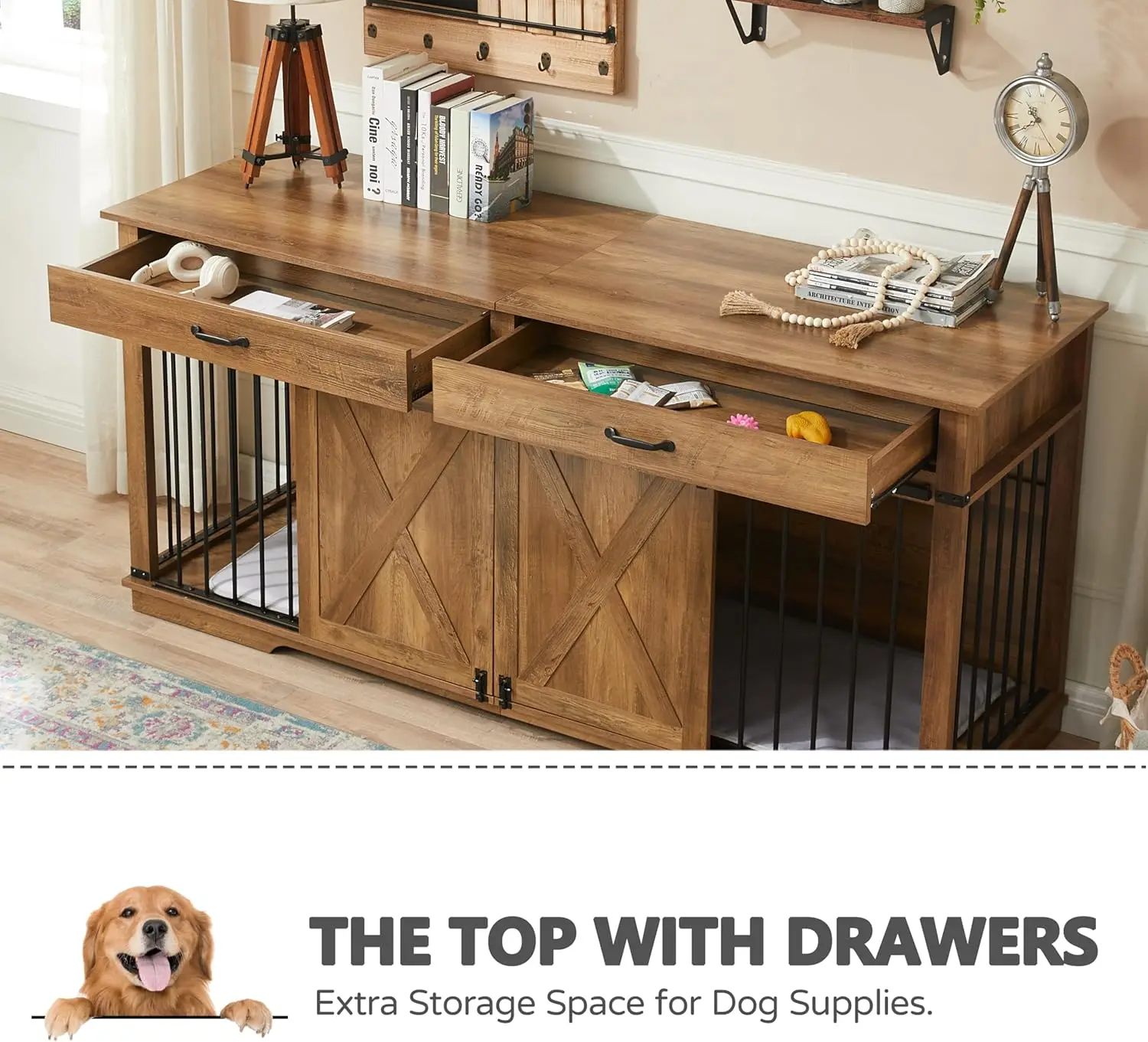 صناديق كلب مزدوجة على طراز أثاث كبير جدًا مقاس 72.5 بوصة للسلالات الكبيرة، أثاث بيت كلب خشبي مقاس XXL مع أدراج، مقسم