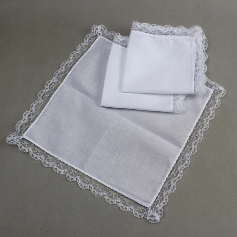 Women Plain Portable Lace Trim Handkerchief Washable DIY Napkin Pocket Hanky