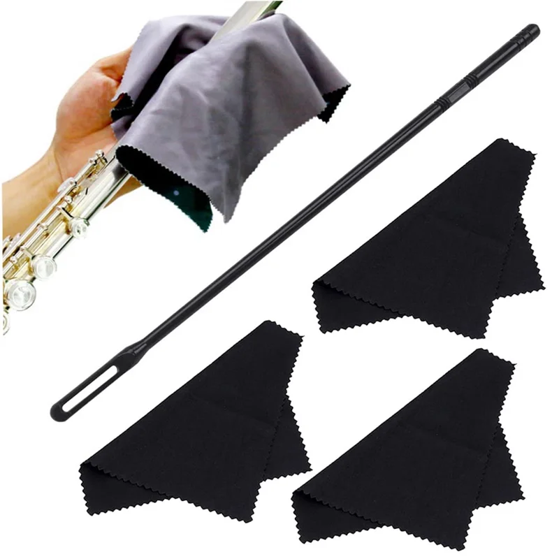 AT13 Varilla de limpieza de flauta con 3 uds hisopos de limpieza Kit de limpieza de flauta Limpiador de flauta Paño para pulir flauta, negro