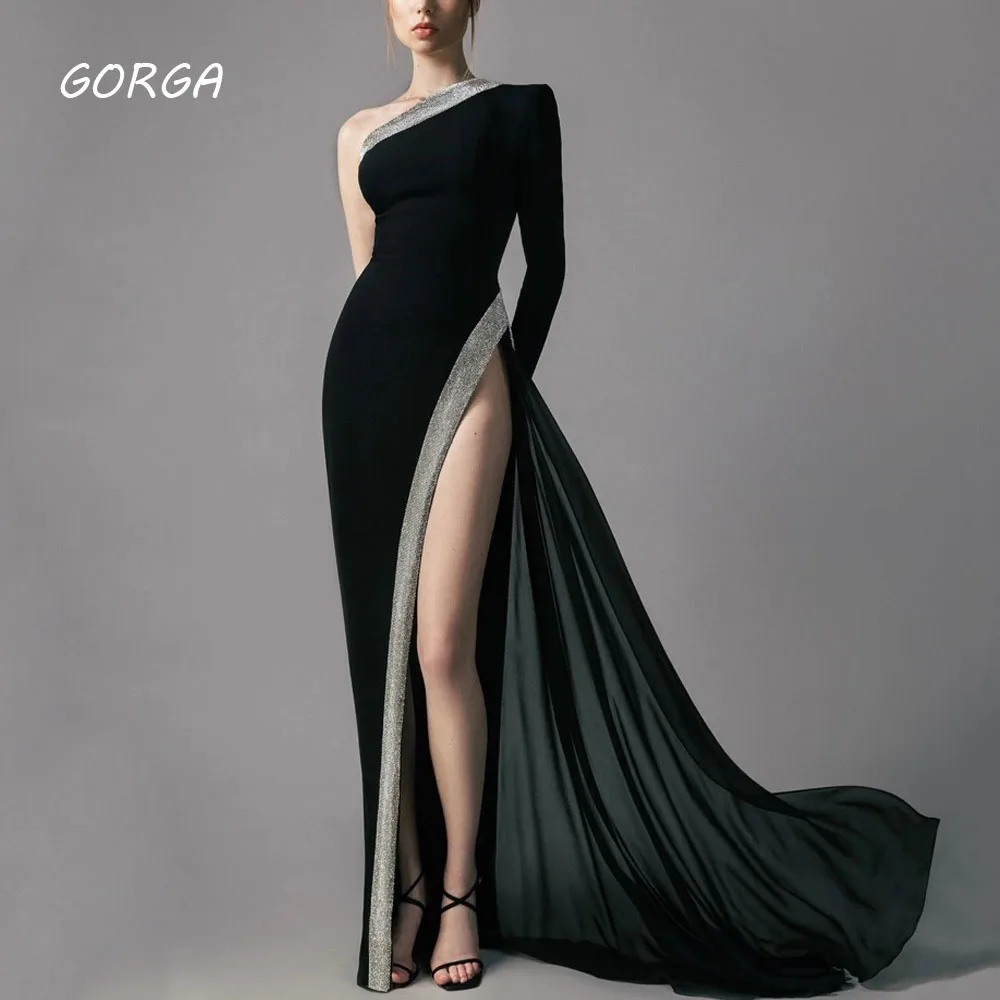 

GORGA Black One-Shoulder Mermaid 2024 High Quality Slim Split Crepe Ocassion Gown Floor-Length Evening Dress فستان سهرة نسائي