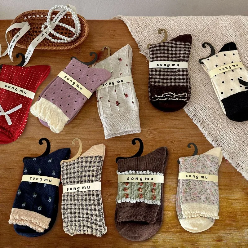 1 Pair Autumn Winter New Bow Socks Fancy Women's Mid-Calf Fall Socks Fashion Korean Style Cotton Socks for Woman High Quality
