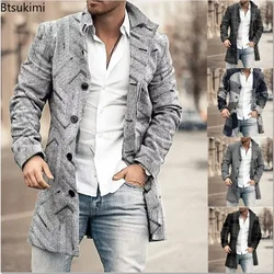 2026 Men's Casual Wool Blends Jacket Plaid Print Long Sleeve Buttoned Jackets Coats Tops Male Warm Outerwear Long Coats Men 4XL