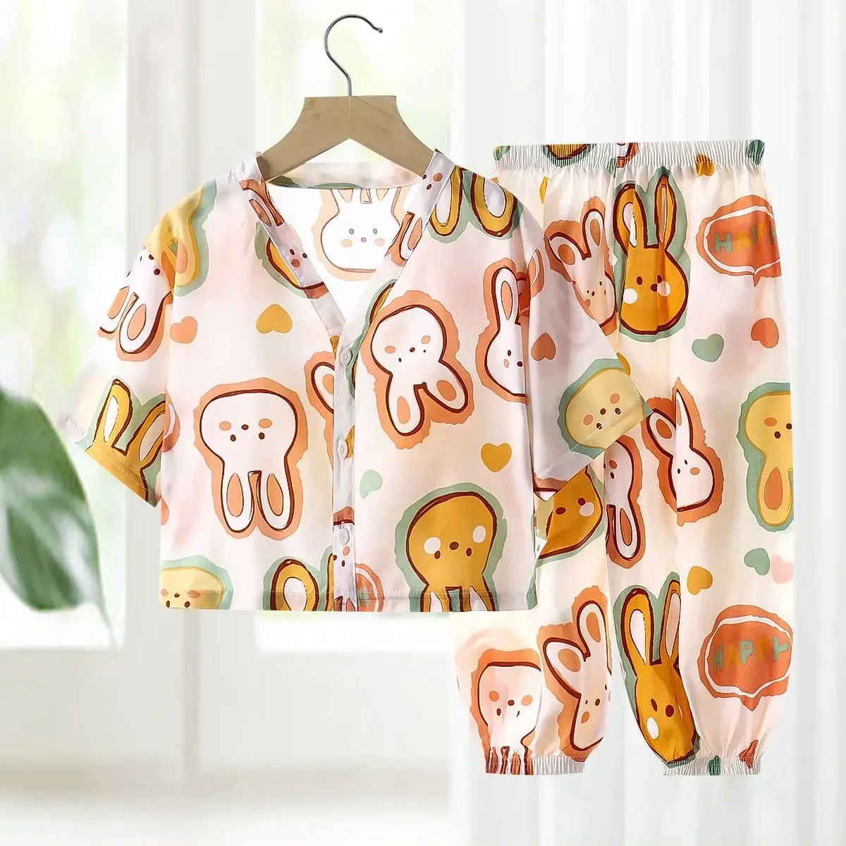 New 2025 Kids Summer Thin Pajamas Comfortable Loungewear Boys Girls Cartoon Print V-neck Pyjamas Leisure Sleepwear Clothing Sets