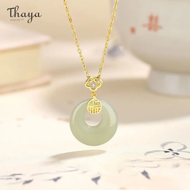 

Thaya Genuine S925 Silver Women Choker Necklace Lucky Elegant Chalcedony Pendant Jade Necklace for Women Girls Luxury Jewelry