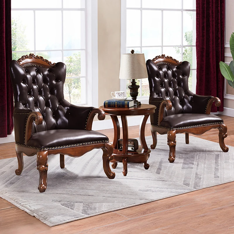 

American leather tiger chair all solid wood single sofa retro European hotel negotiation balcony leisure