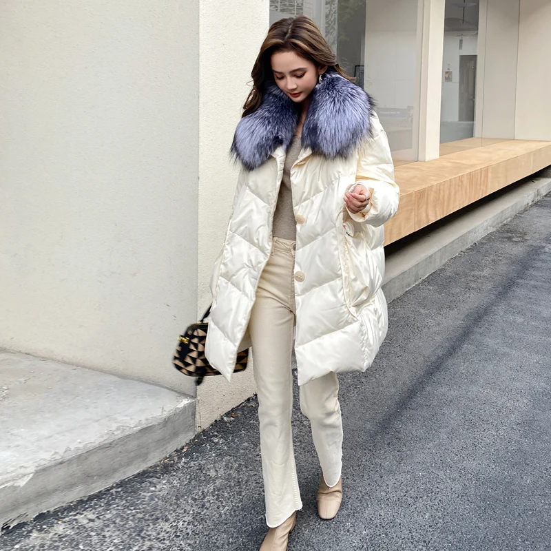 New Fashion Winter Natural Silver Fox Fur Coat Goose Down Jacket  Parkas Long Luxury Puffer Jackets Clothing Women