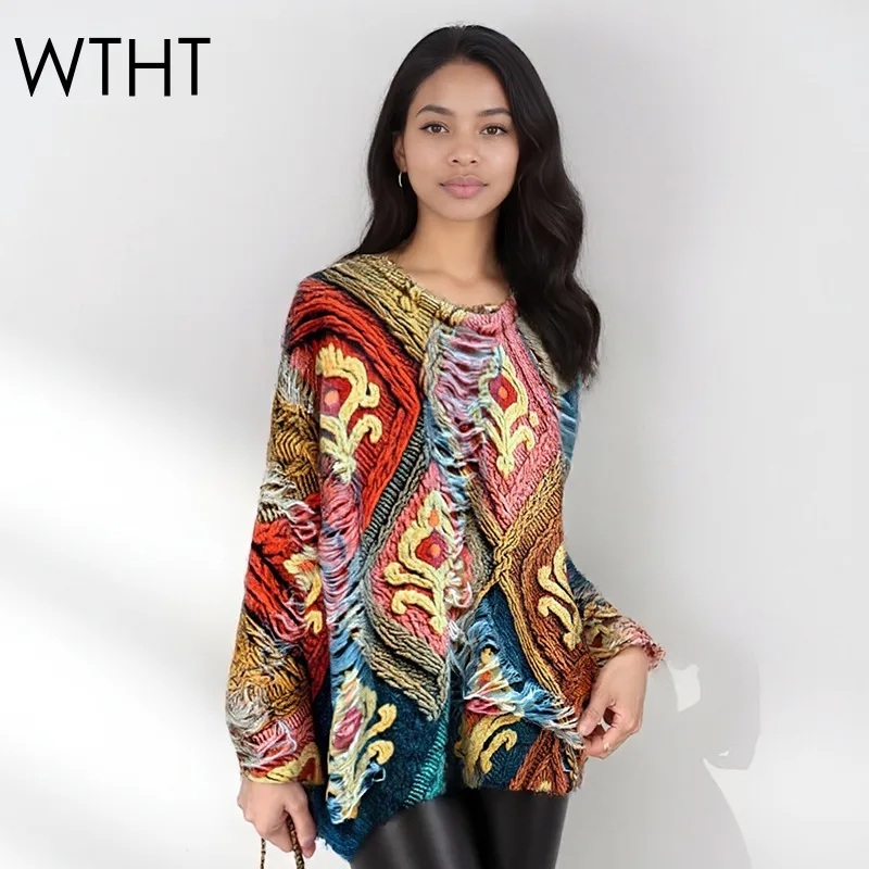 

WTHT Fashion New Women's Knit Print Loose Pullovers 2025 Winter Trendy O-neck Long Sleeves Sweater Female 1LS2782