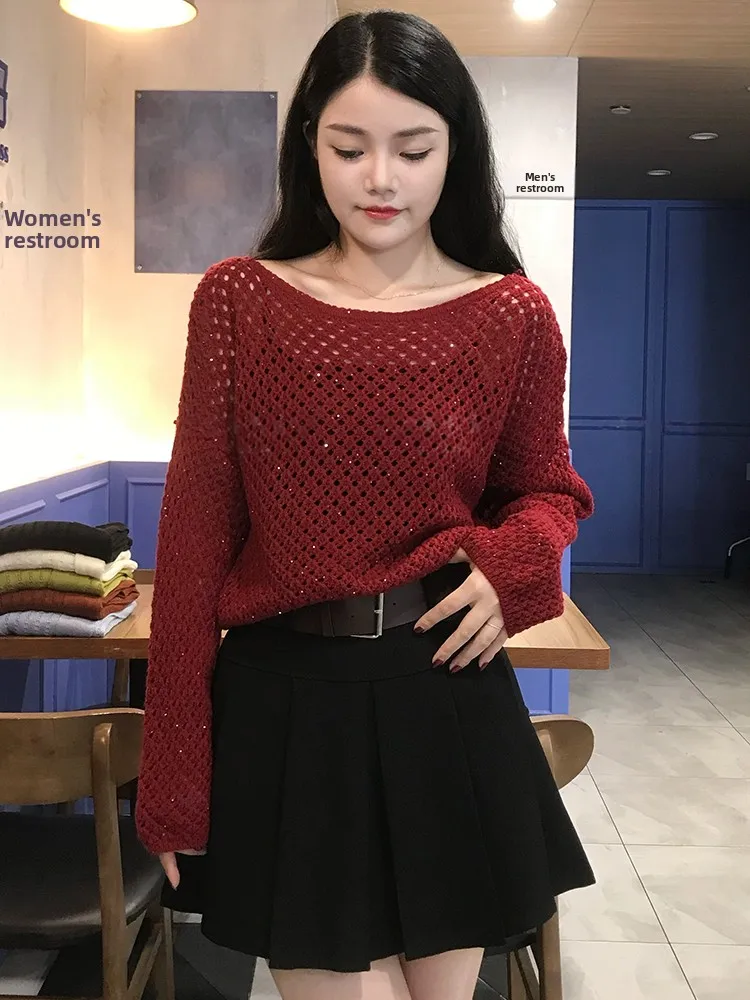 เสื้อสเวตเตอร์ถักไหมพรมผู้หญิงระดับไฮเอนด์ ดีไซน์หลวมสบาย ทรงหลวม ดีไซน์โปร่ง แขนยาว คอกลม เหมาะสำหรับฤดูใบไม้ร่วง แฟชั่นสตรีทแวร์