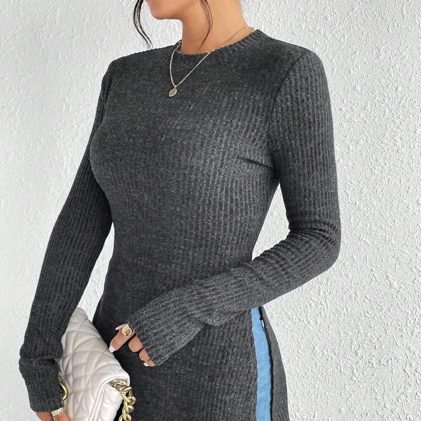 

Sexy Women's New Slim Fit Brushed Cotton Crew Neck Ribbed Knit T-Shirt