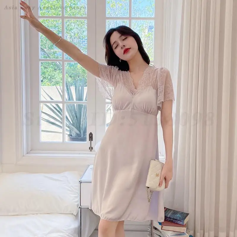 French Elegent Style Nightgown Women Sexy Lace Hollow Out Nightdress Gown Short Sleeve Lingerie Retro V-Neck Sleepwear Homewear 4